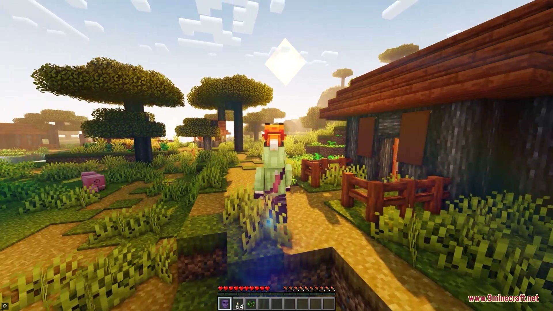 Faceless Persona Mod Screenshot 2 Minecraft player wearing a fox disguise exploring a savanna village during a sunset