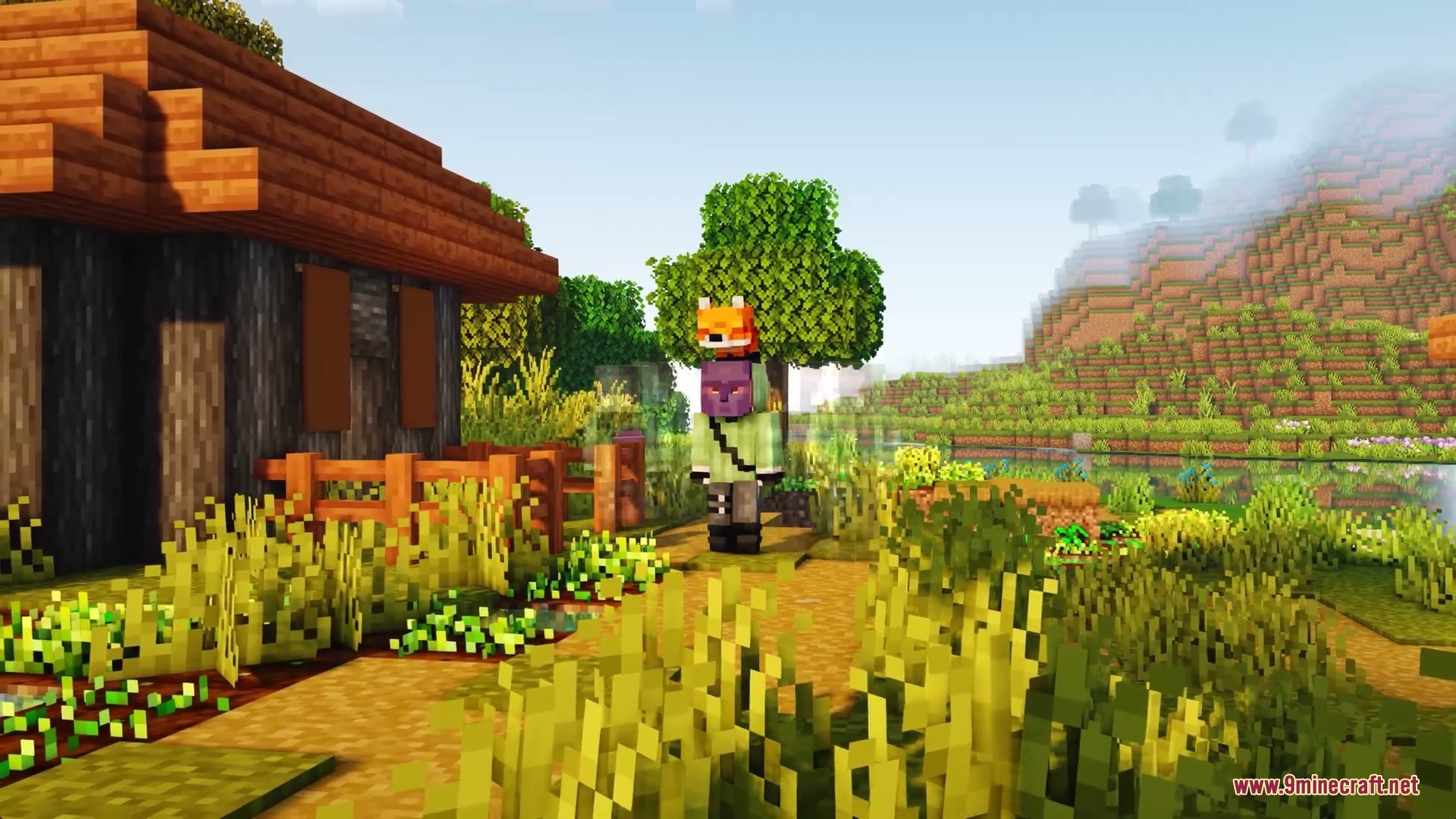 Faceless Persona Mod Screenshot 3 A player wearing a mask and fox hologram disguise in a sunny village