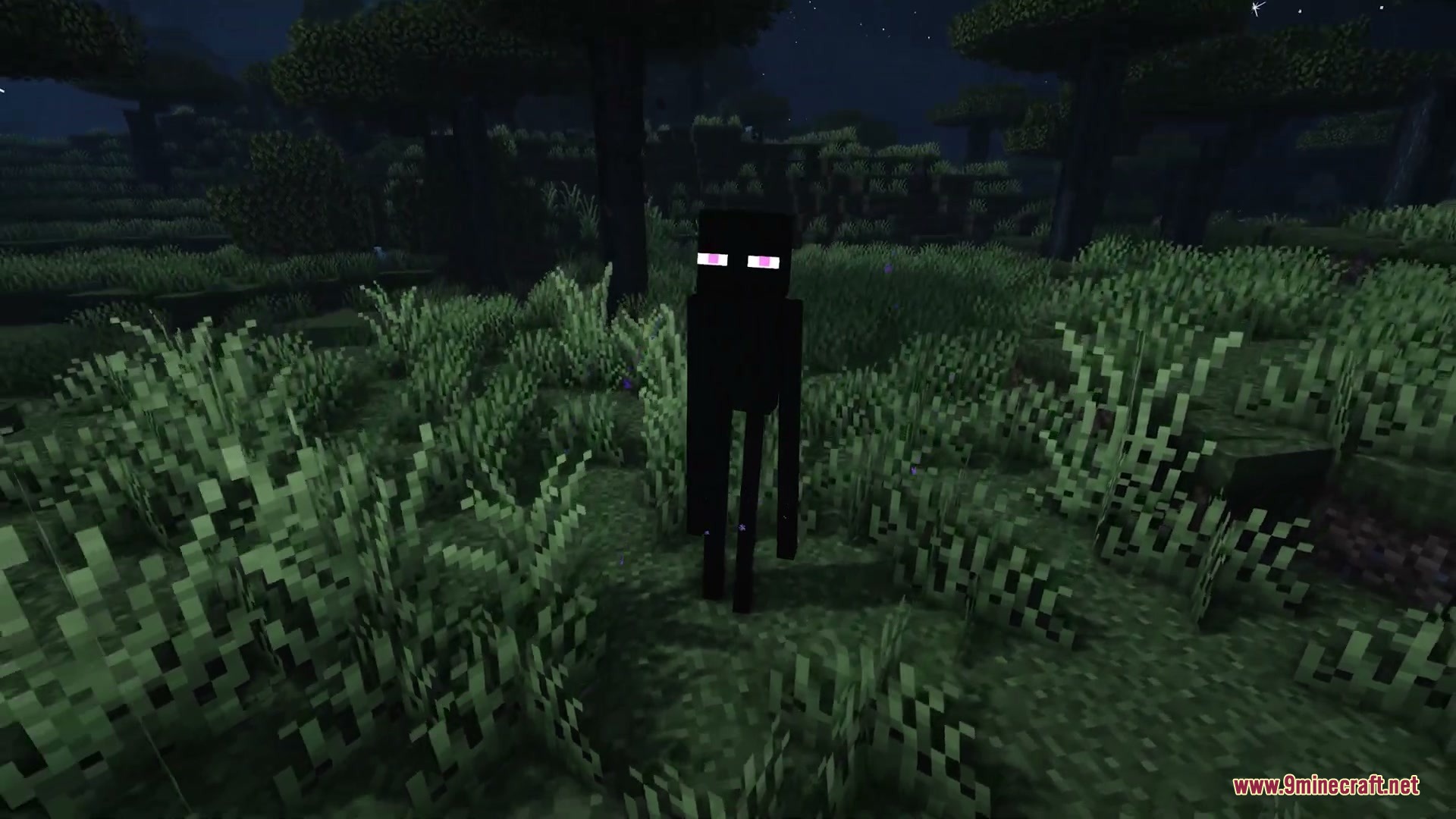Faceless Persona Mod Screenshot 5 An Enderman with glowing eyes stands in a dark forest at night
