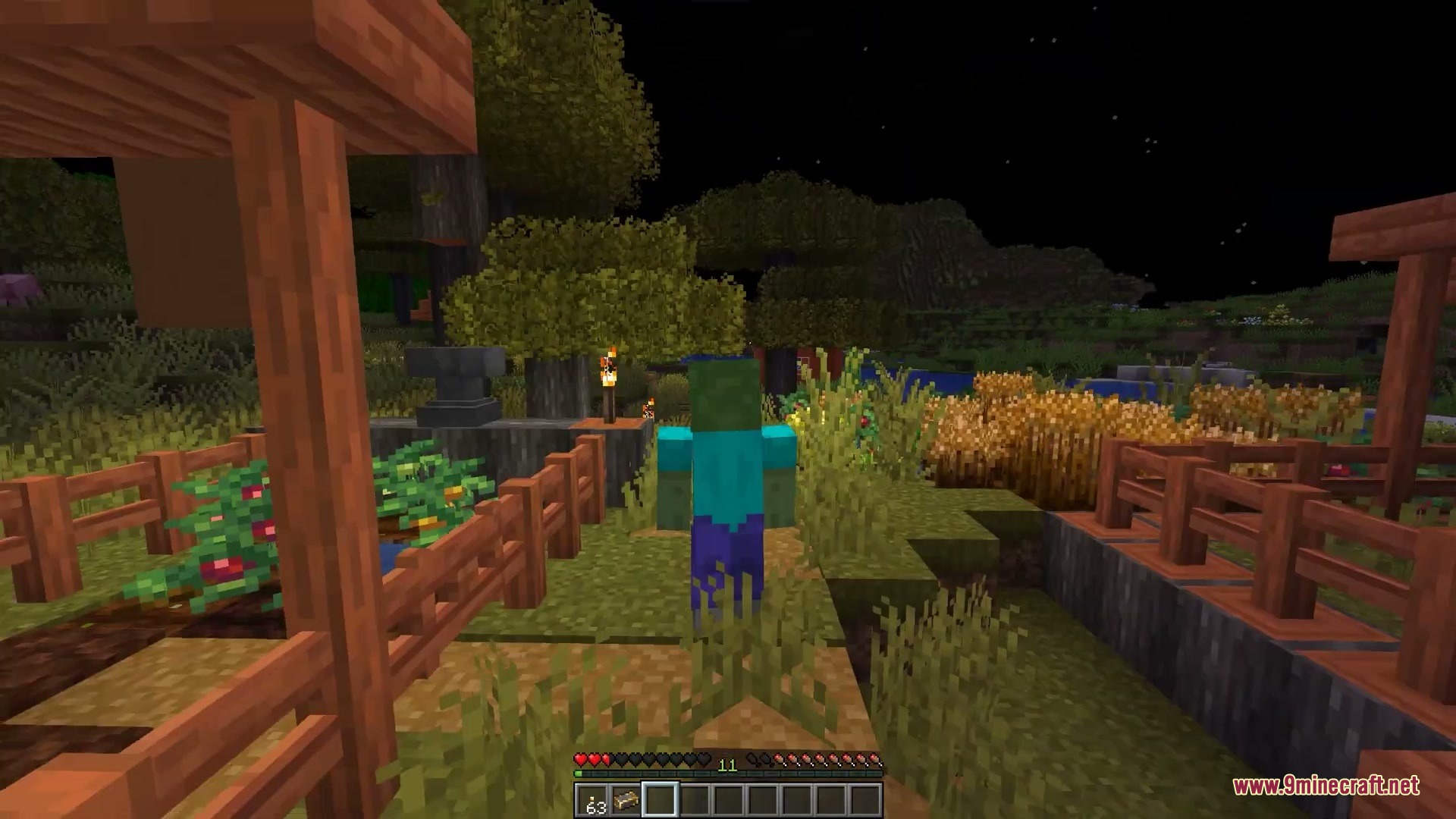 Faceless Persona Mod Screenshot 8 A player disguised as a zombie walks along a path near farm crops