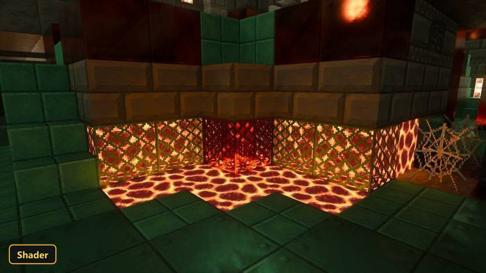 dark dungeon with glowing lava and redstone blocks