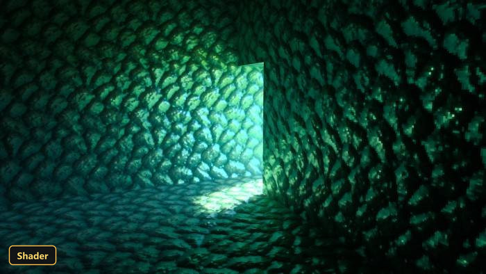 dark cave with glowing green scaly walls and light beam