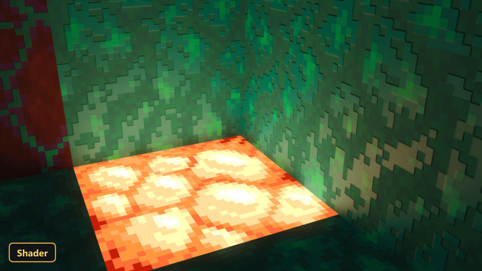dark room with glowing green walls and a bright orange floor