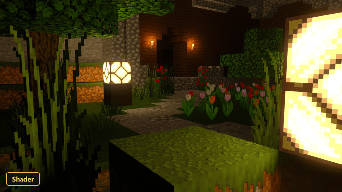 outdoor garden at night with glowing lanterns and colorful flowers