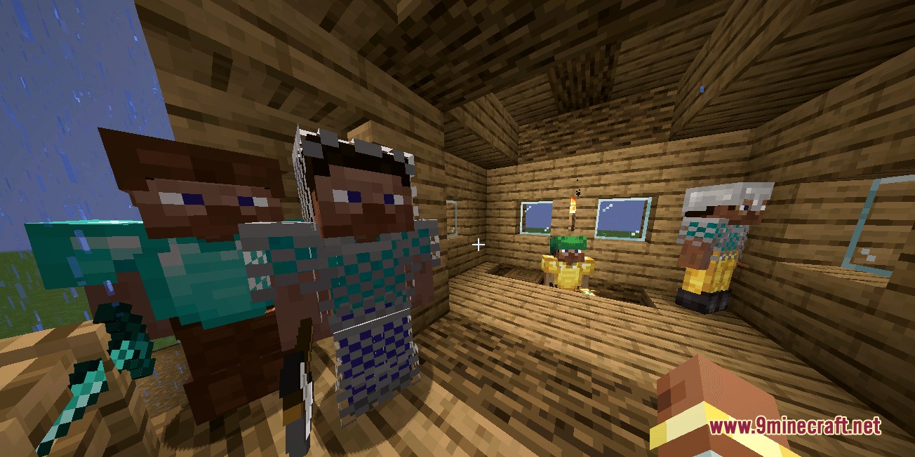 Fellowship of Crafters Mod Screenshot 2 A group of armored companions standing inside a wooden house during rain