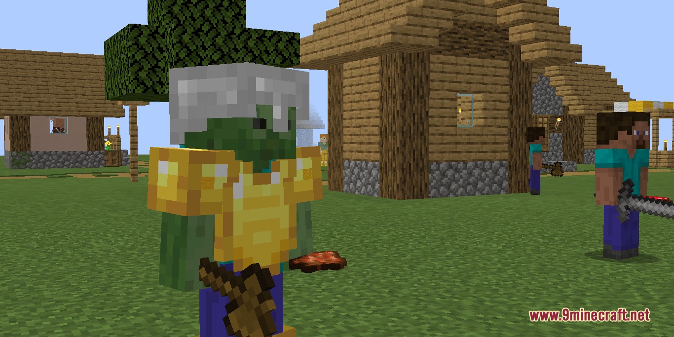 Fellowship of Crafters Mod Screenshot 3 Tamed zombie buddy wearing gold armor and holding a wooden sword in a village