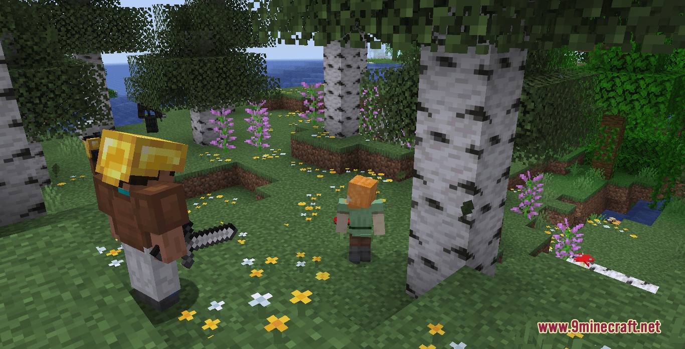 Fellowship of Crafters Mod Screenshot 4 Steve and Alex companions standing in a birch forest with many colorful flowers