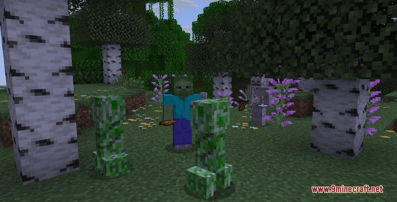 Fellowship of Crafters Mod Screenshot 5 A Steve buddy holding food stands with two friendly creepers and a skeleton