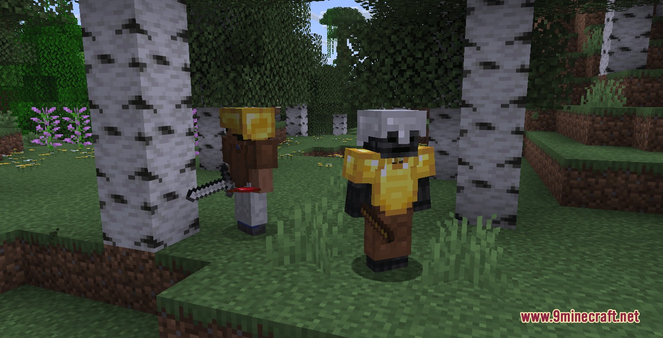 Fellowship of Crafters Mod Screenshot 6 Two humanoid companions wearing armor and holding weapons stand in a birch forest