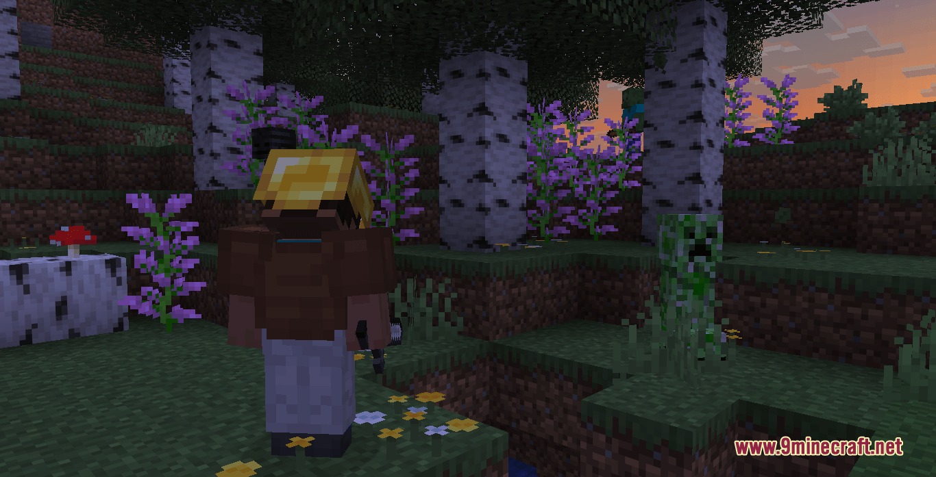 Fellowship of Crafters Mod Screenshot 8 Steve companion in leather armor stands near a Creeper in birch forest