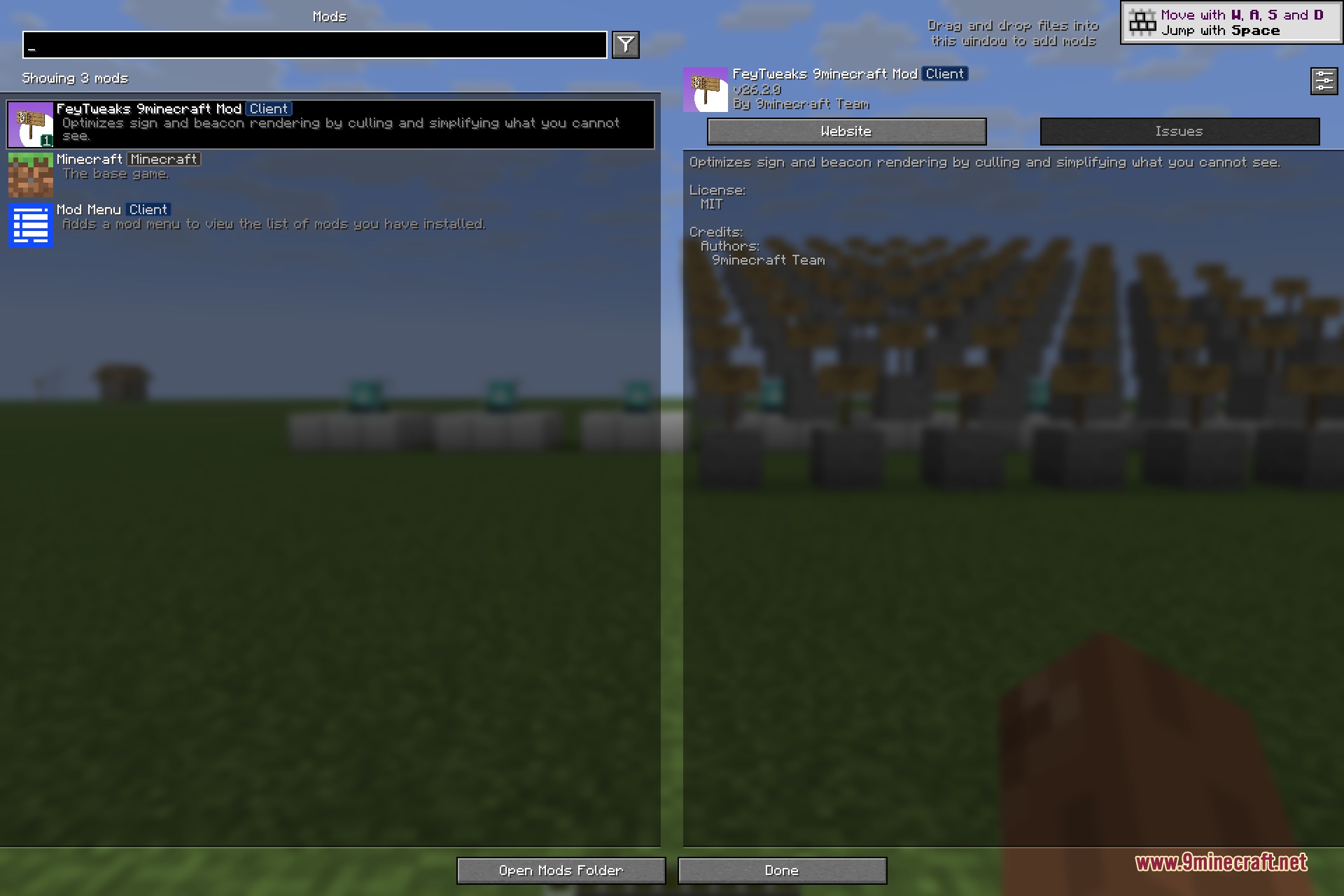 FeyTweaks 9minecraft Mod Screenshot 1 Mod menu interface showing FeyTweaks mod details and a list of installed mods