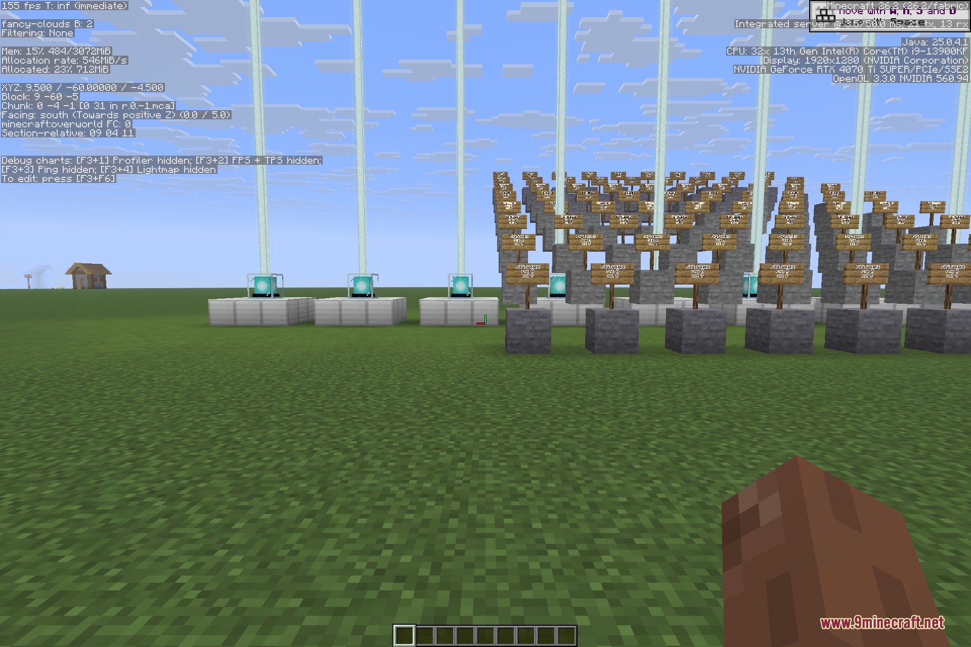 FeyTweaks 9minecraft Mod Screenshot 2 Player looking at a field of signs and beacons with debug information active