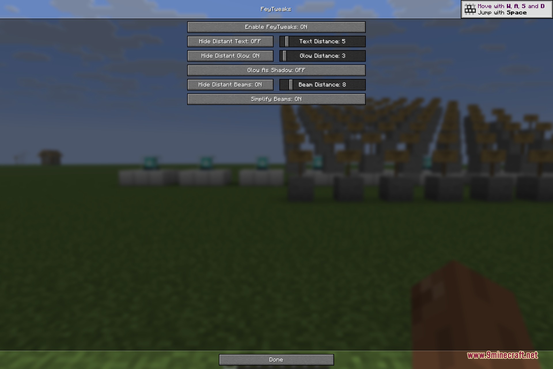 FeyTweaks 9minecraft Mod Screenshot 4 The configuration menu for FeyTweaks showing various optimization settings for signs