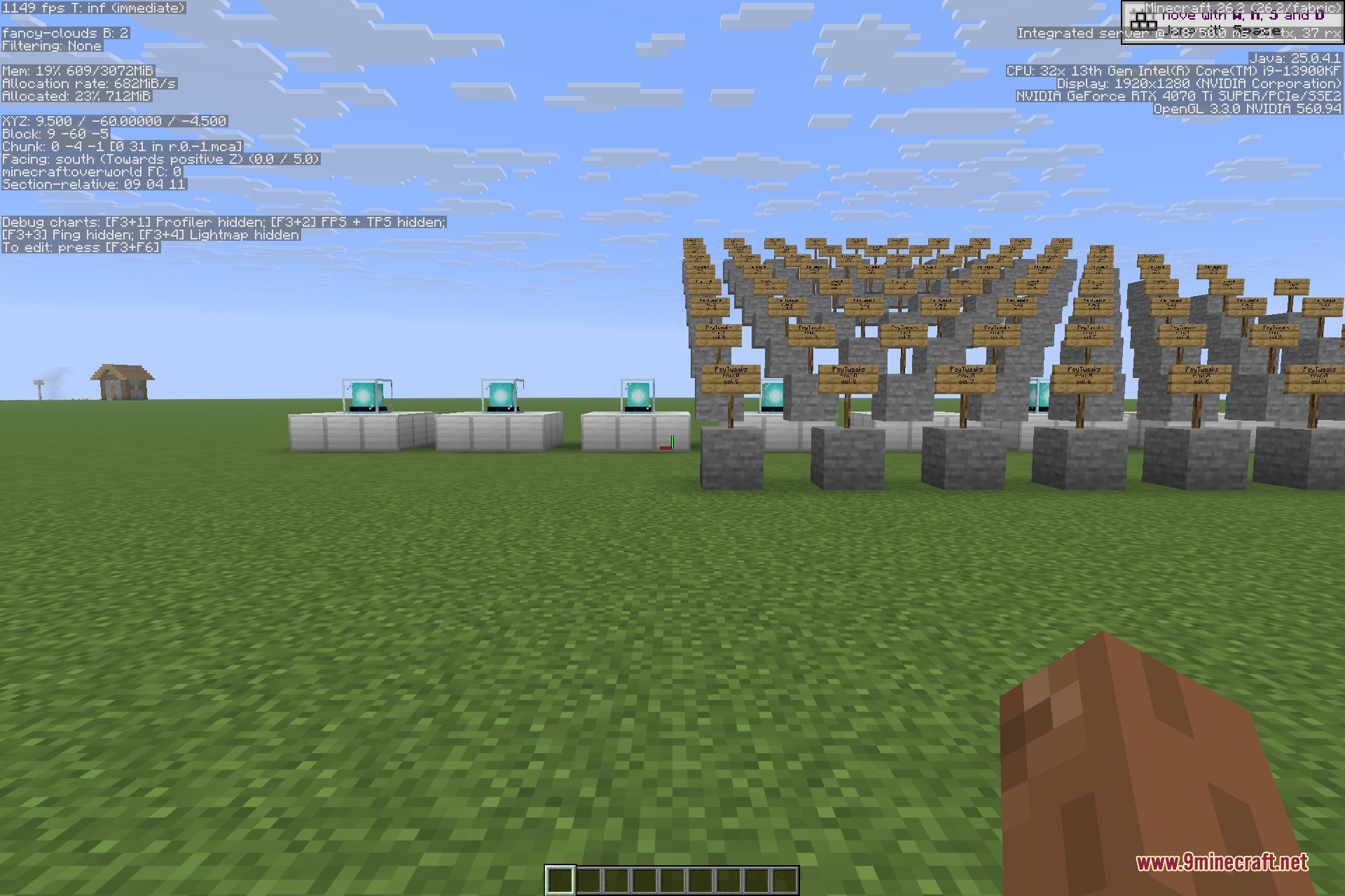 FeyTweaks 9minecraft Mod Screenshot 5 A large wall of wooden signs and several beacons in a flat world