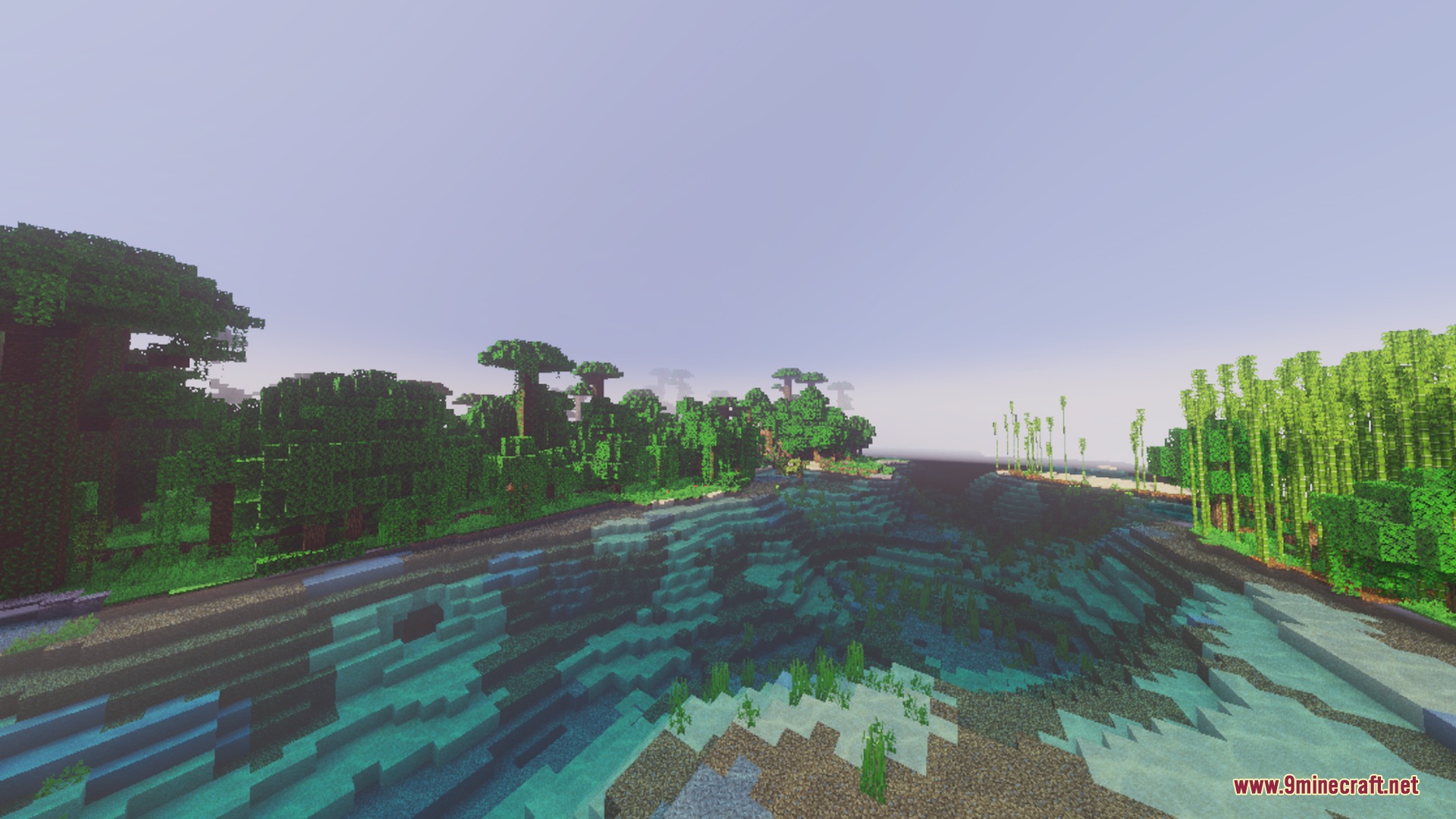 Flamingo Visuals Shader Screenshot 1 Lush jungle trees and clear river water under soft atmospheric lighting