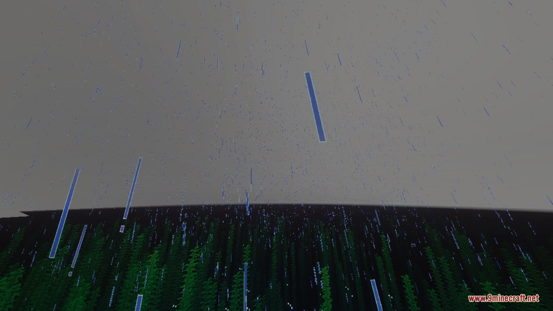 Flamingo Visuals Shader Screenshot 10 Rain falling over a dark forest with enhanced atmospheric lighting and particles