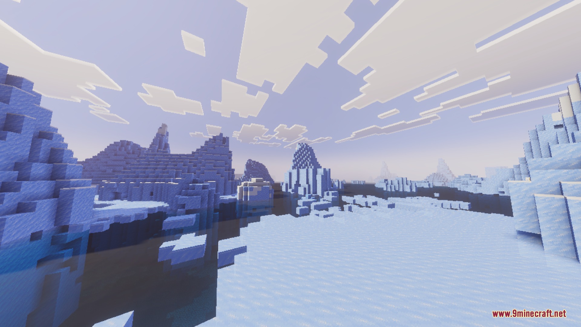Flamingo Visuals Shader Screenshot 3 Bright sunlight illuminates massive icebergs in a frozen Minecraft ocean biome