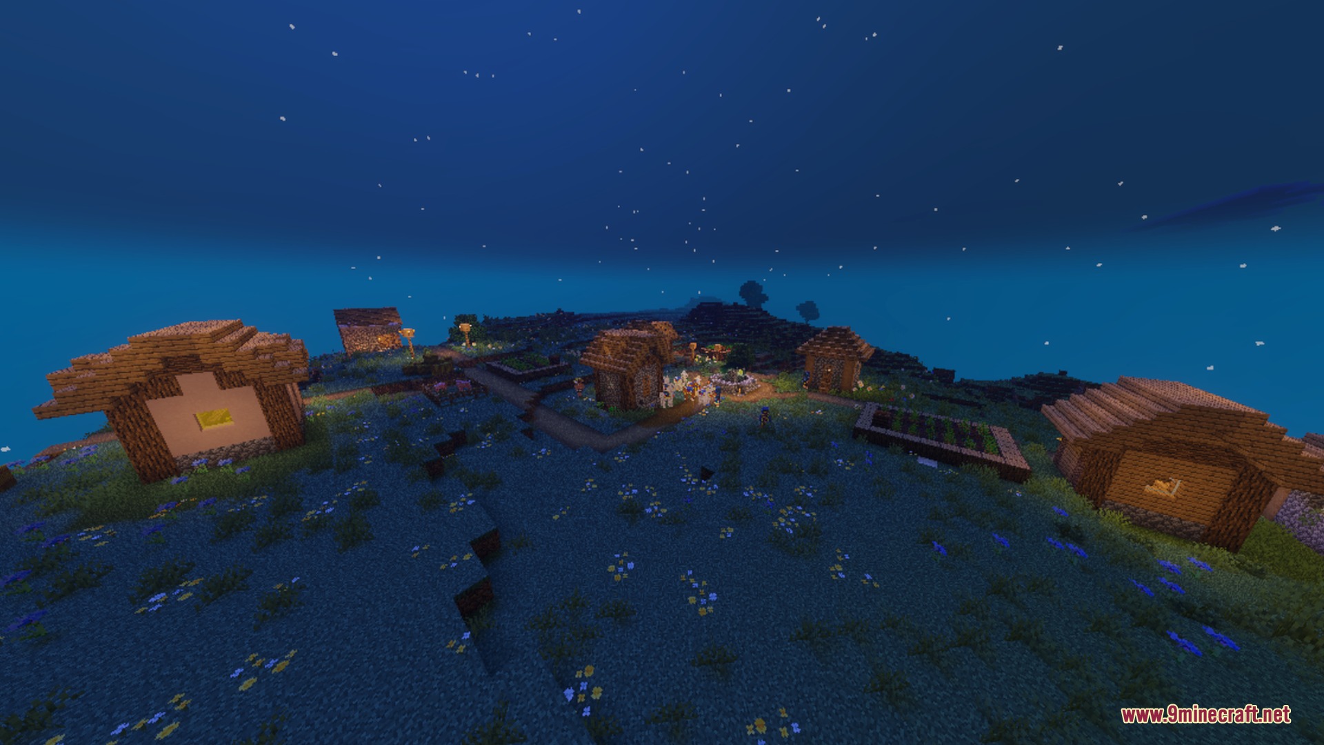 Flamingo Visuals Shader Screenshot 4 A small village at night with glowing lanterns and starry skies