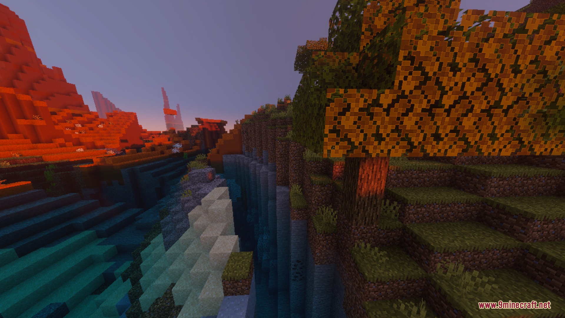 Flamingo Visuals Shader Screenshot 7 Flamingo Visuals enhances the sunset lighting over a deep river canyon landscape