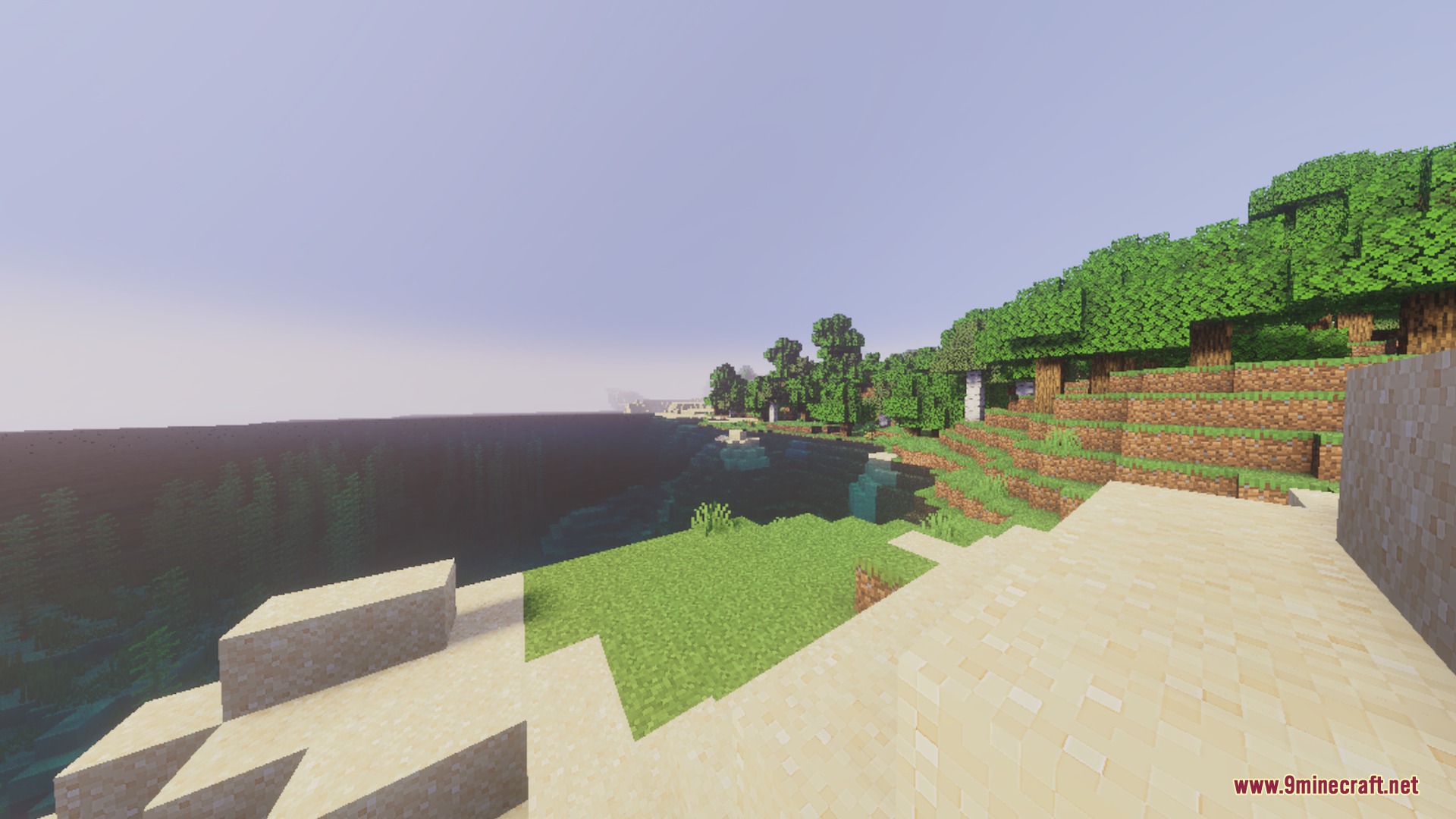 Flamingo Visuals Shader Screenshot 9 A bright coastal view in Minecraft featuring soft lighting and lush greenery