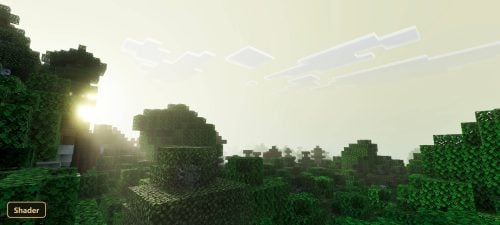 bright sun over a dense, misty forest with distinct clouds