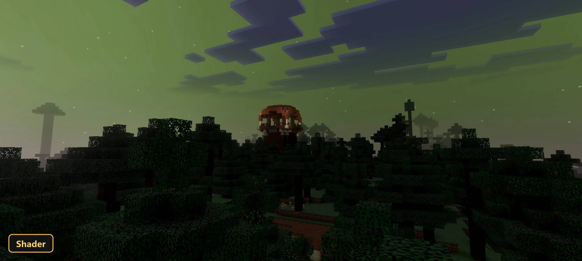 dark forest at dusk with a green sky and skull structure