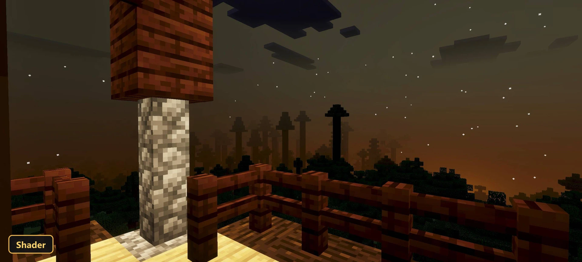 wooden platform at night with a starry sky and distant forest