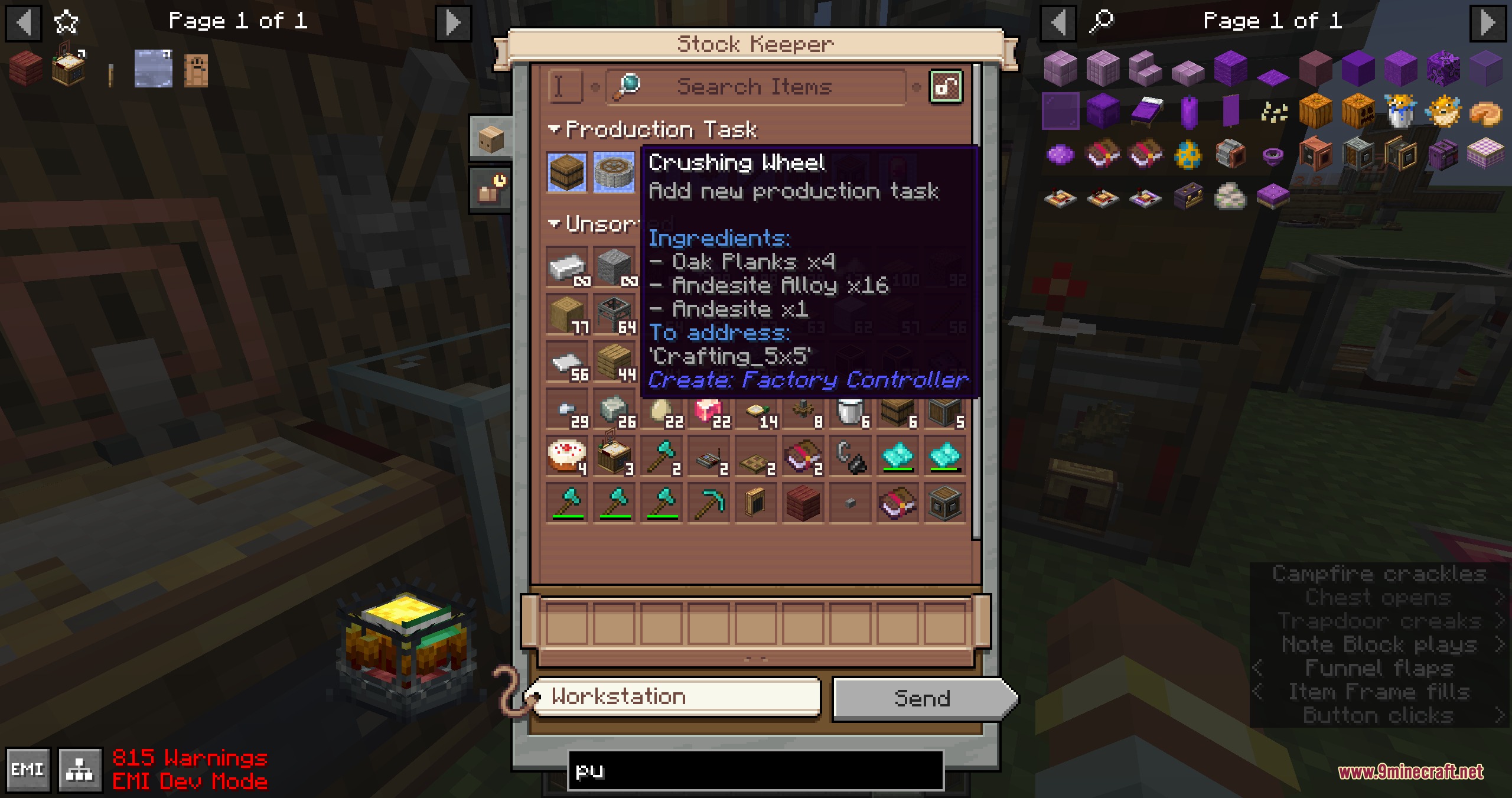 Flux Core Command Mod Screenshot 6 Stock keeper menu listing required ingredients for a crushing wheel production task