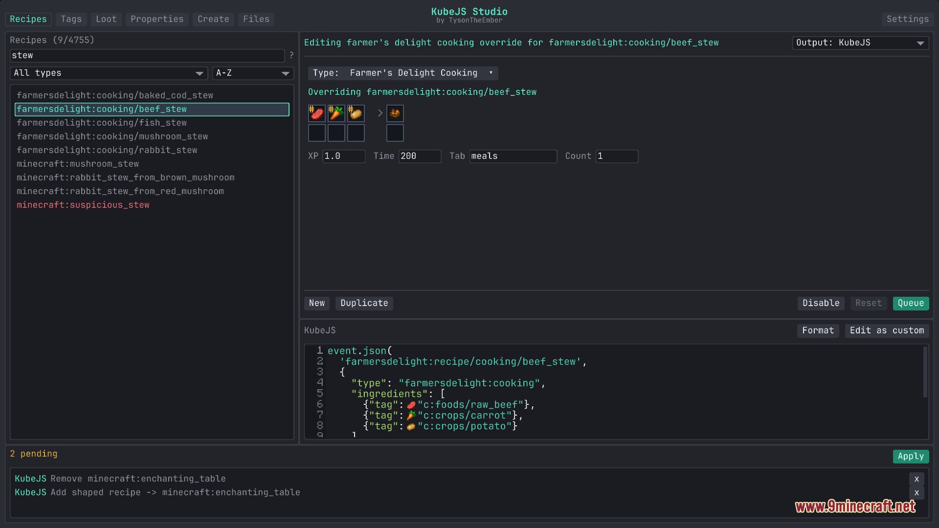 Flux Script Architect Mod Screenshot 1 Editing a beef stew recipe using the Flux Script Architect mod interface