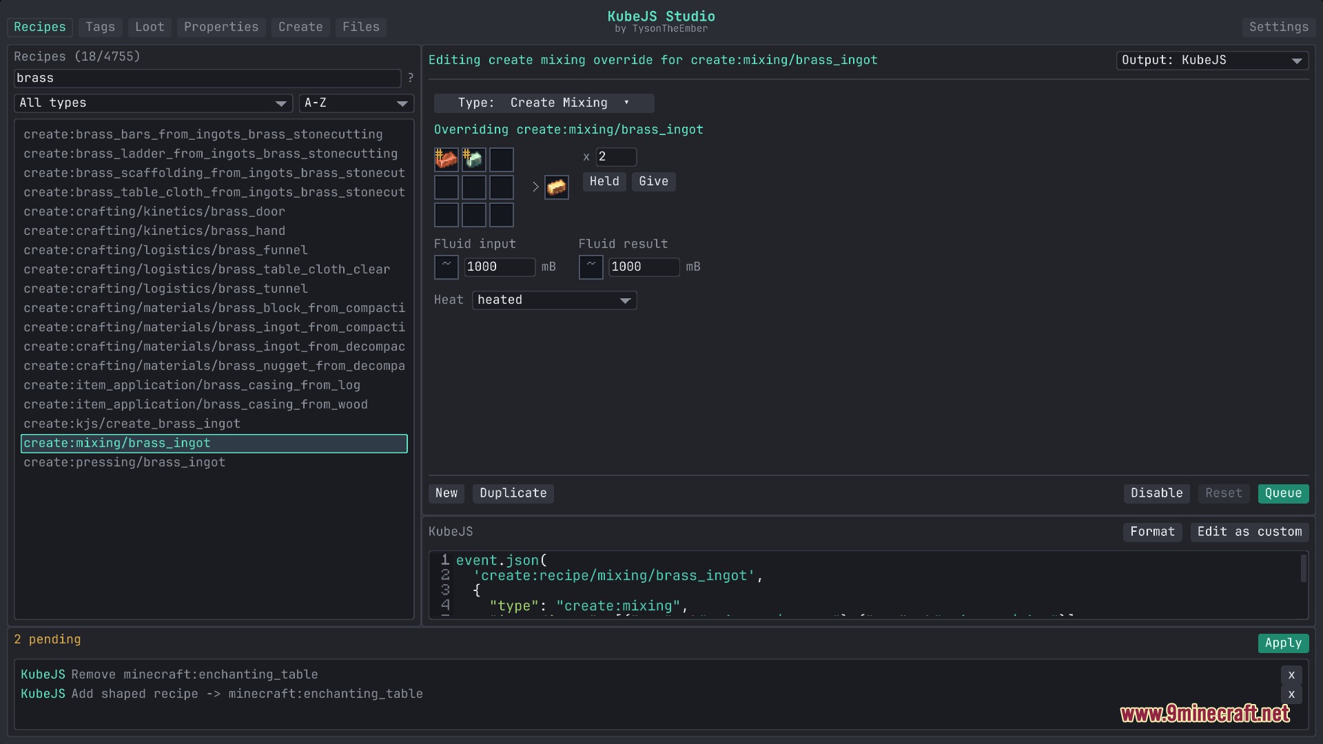 Flux Script Architect Mod Screenshot 2 Modifying a brass ingot mixing recipe within the in game script editor