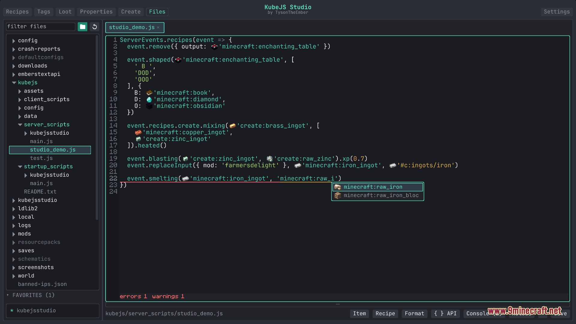 Flux Script Architect Mod Screenshot 3 Flux Script Architect Mod showing autocomplete suggestions for raw iron item IDs