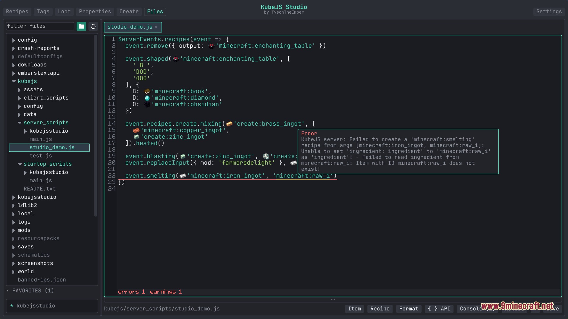 Flux Script Architect Mod Screenshot 4 The code editor displays a detailed error message for an invalid recipe