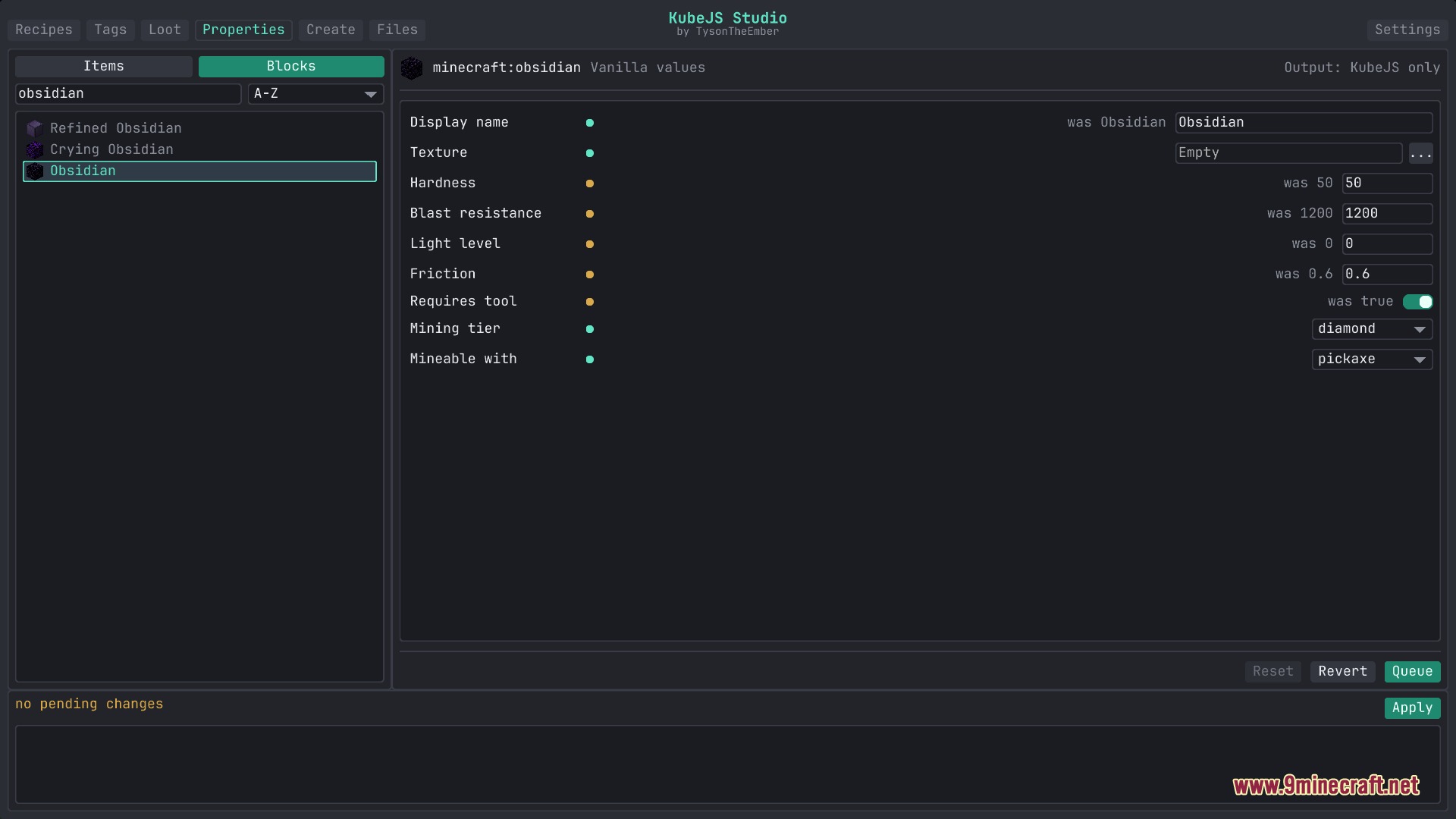 Flux Script Architect Mod Screenshot 7 Flux Script Architect Mod interface for adjusting block stats and properties for obsidian