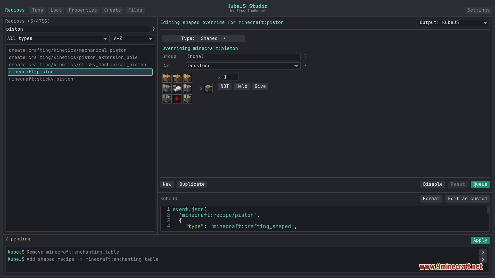 Flux Script Architect Mod Screenshot 8 Visual editor for modifying the shaped crafting recipe of a piston in Minecraft