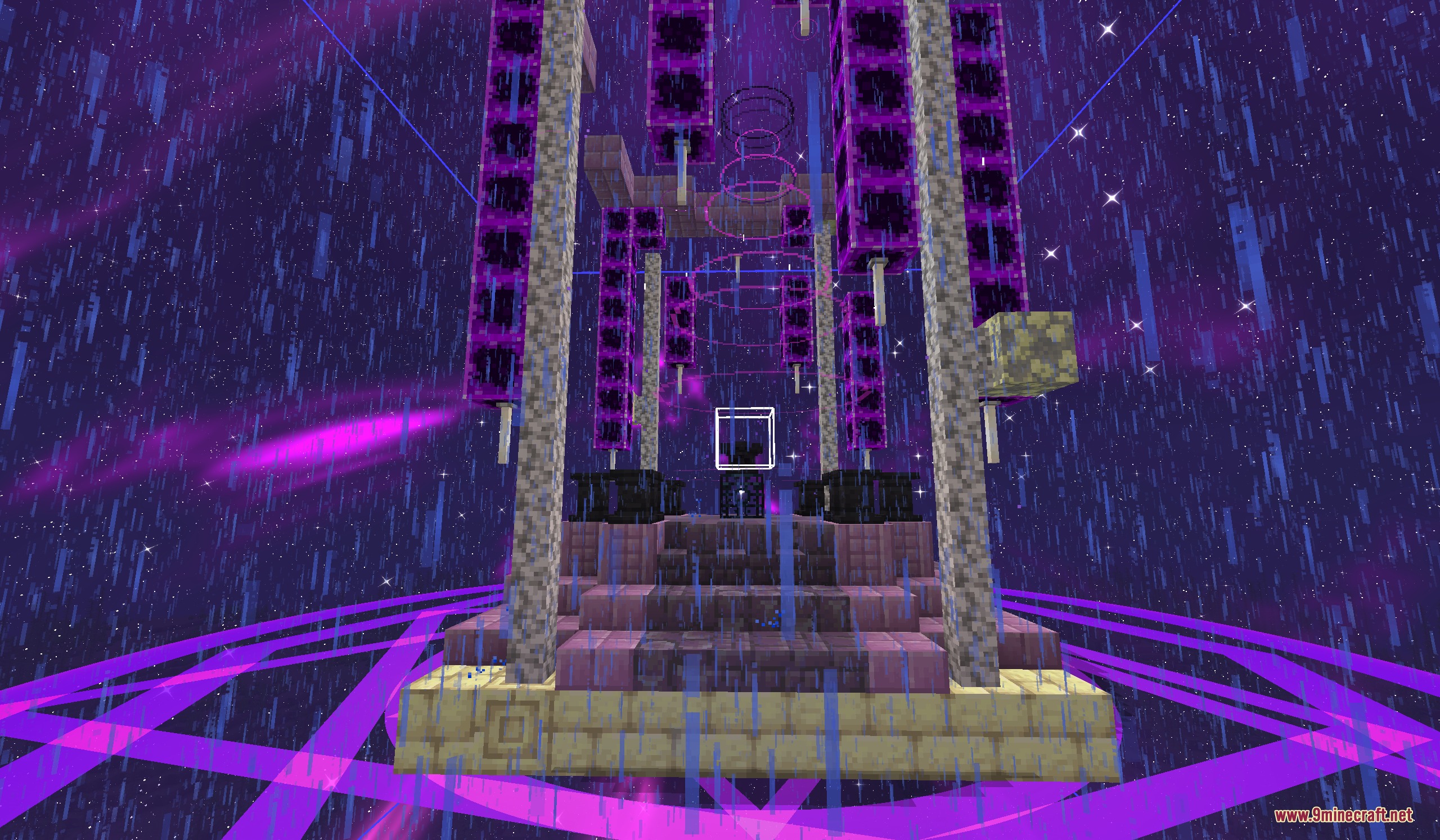 A magical altar with purple energy beams and floating blocks in Minecraft