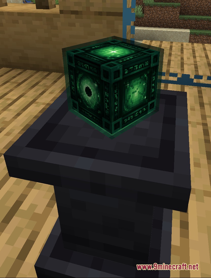 The glowing green Night Cube artifact sits atop a dark stone pedestal