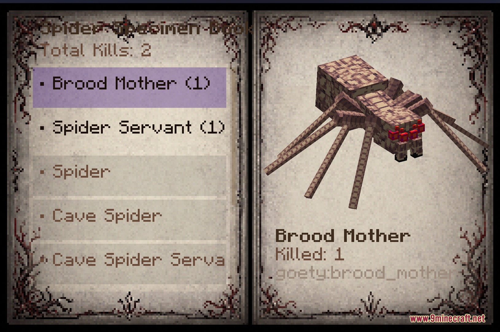 Spider Specimen Book interface showing statistics and a spider model