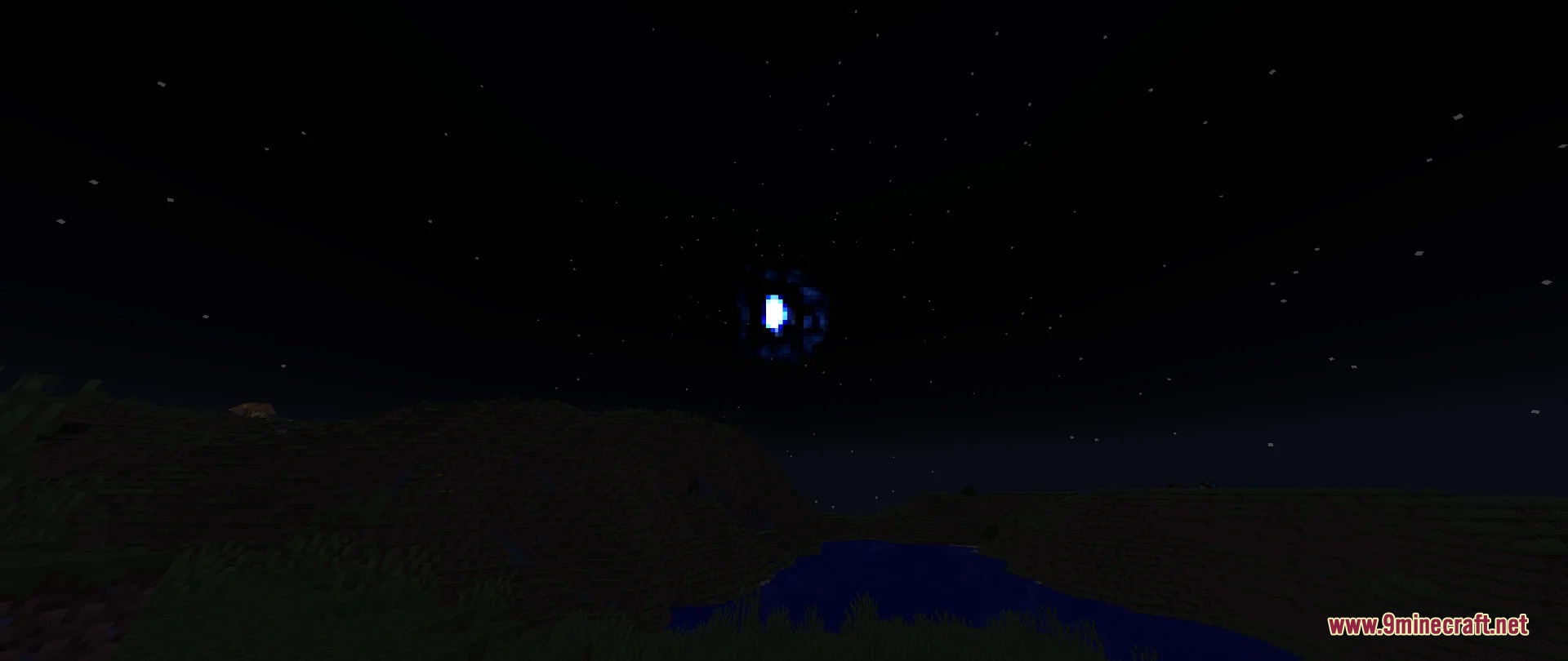 The moon slowly fades away in the dark night sky of Minecraft