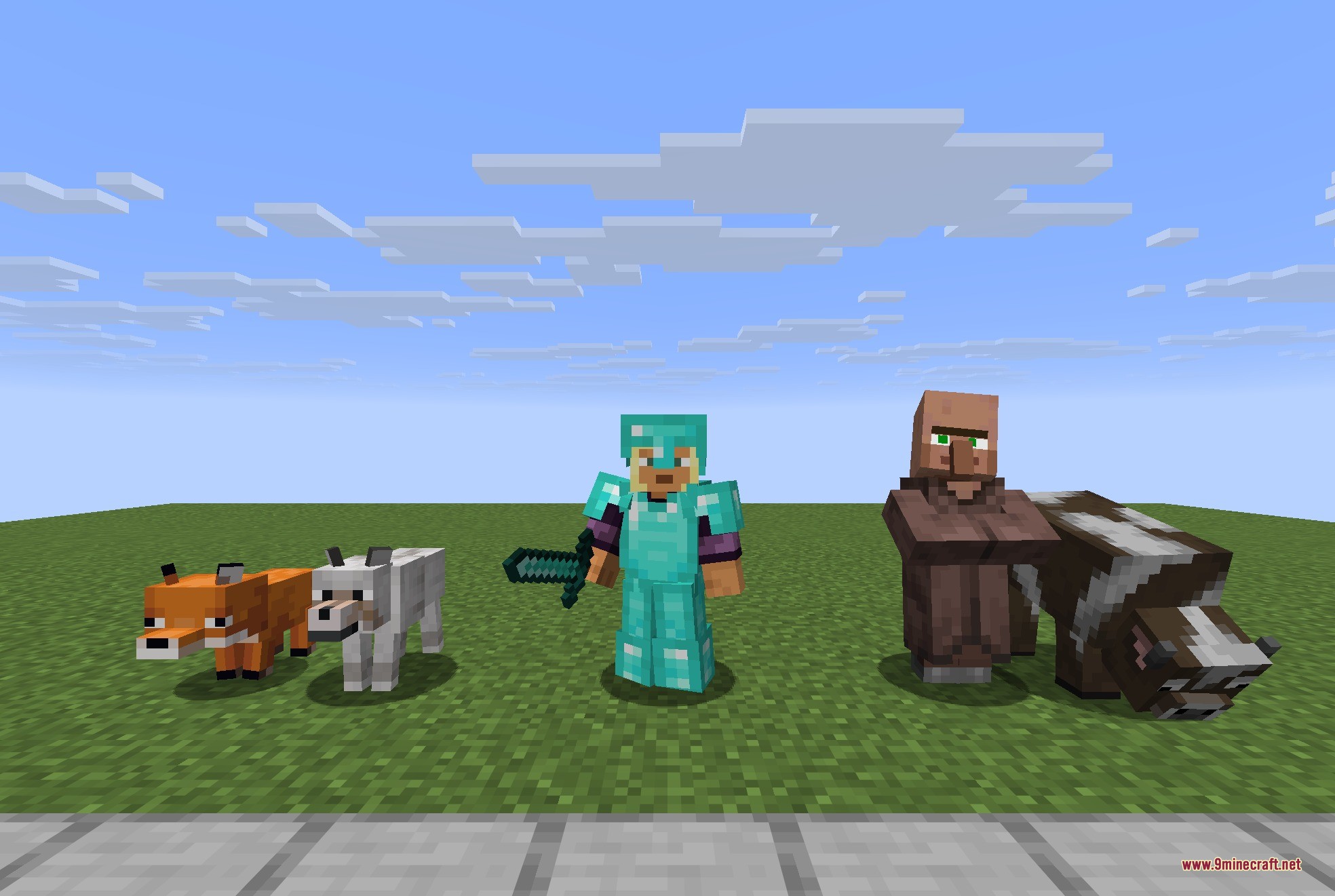 Fresh Animations Player Extension 9minecraft Resource Pack Screenshot 1 A player in diamond armor with expressive facial animations standing near mobs