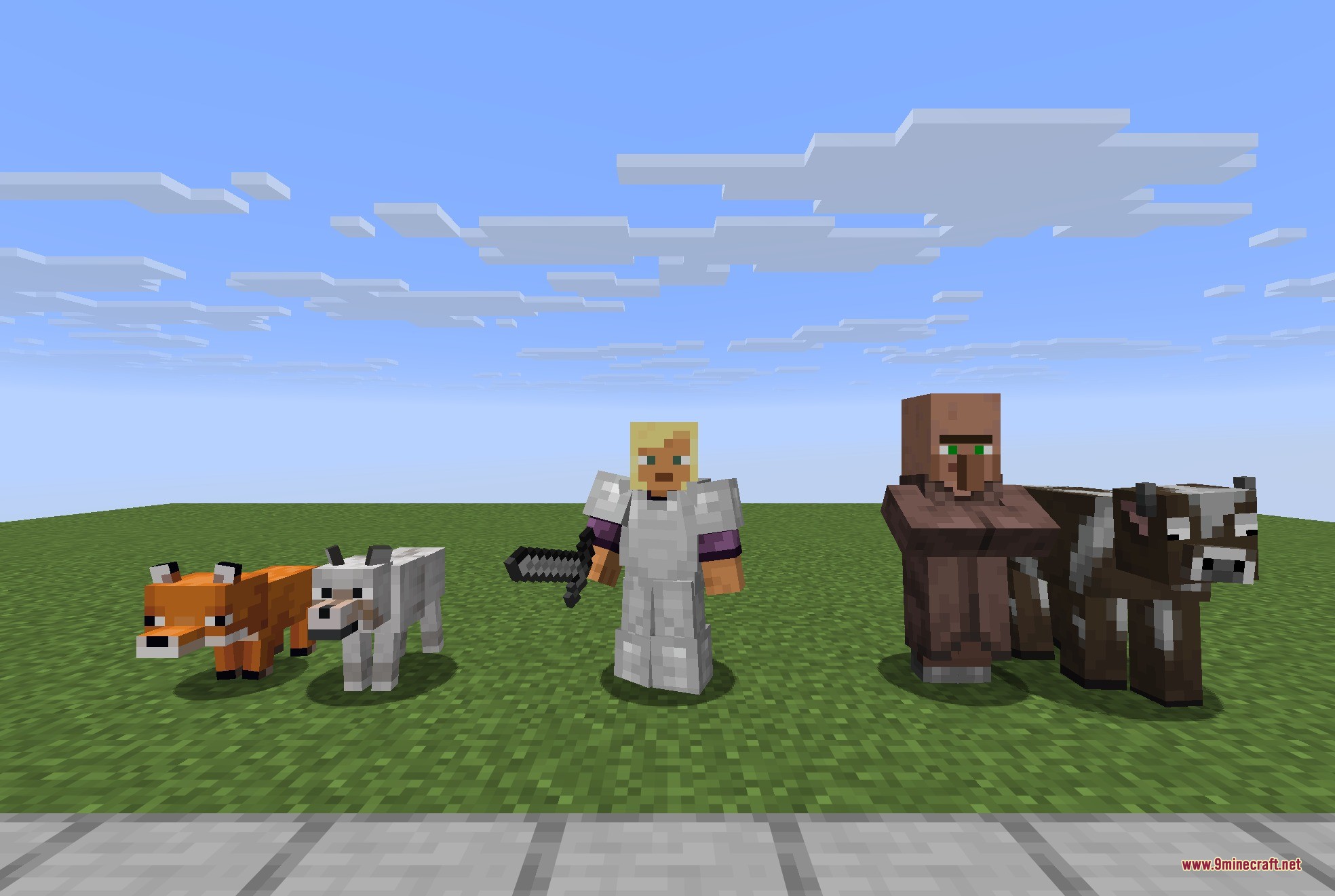 Fresh Animations Player Extension 9minecraft Resource Pack Screenshot 2 A player wearing iron armor with animated eyes standing among various mobs