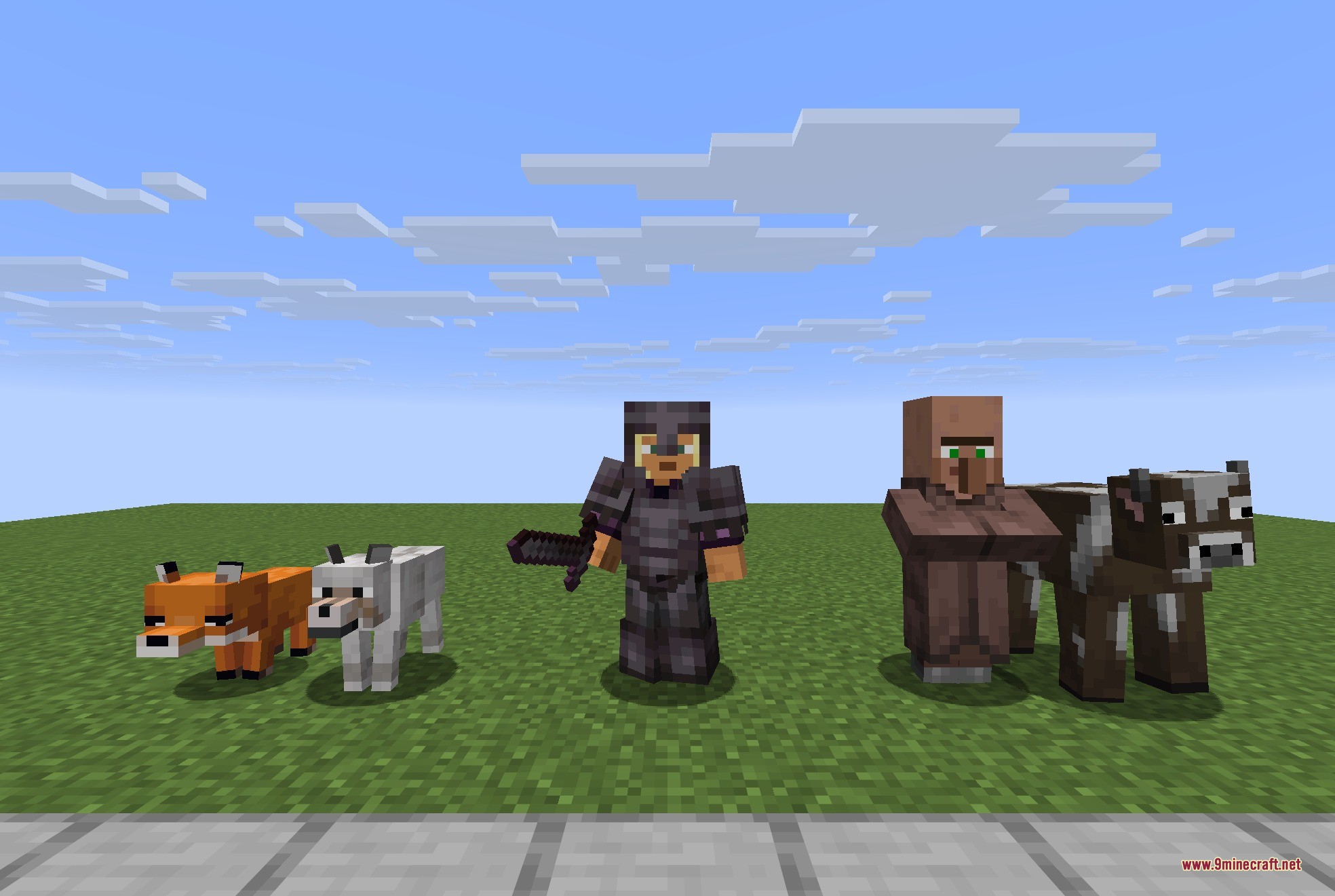 Fresh Animations Player Extension 9minecraft Resource Pack Screenshot 3 Player in netherite armor showing expressive facial animations alongside various mobs