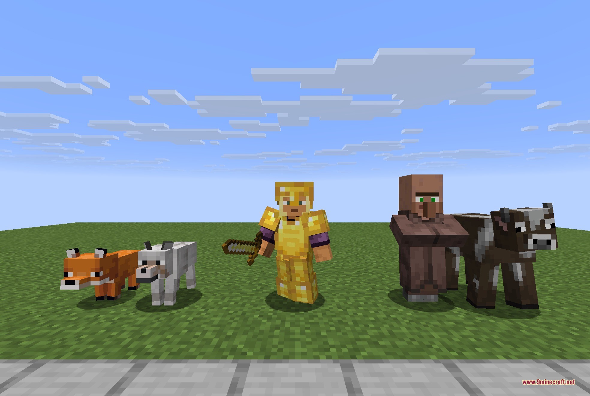 Fresh Animations Player Extension 9minecraft Resource Pack Screenshot 4 Animated player in gold armor standing next to a villager and cow