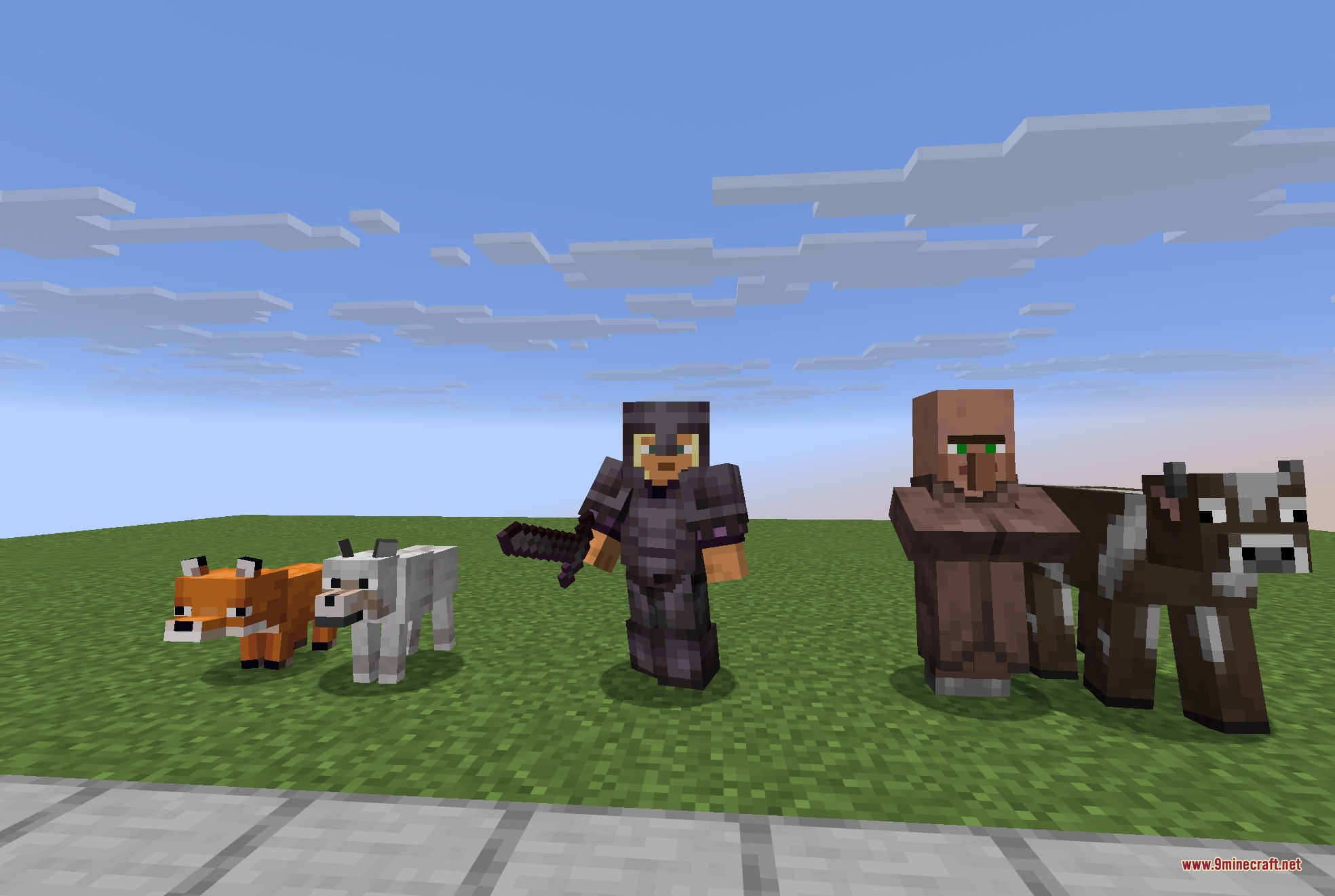 Fresh Animations Player Extension 9minecraft Resource Pack Screenshot 5 Player in netherite armor standing with several different mobs on the grass