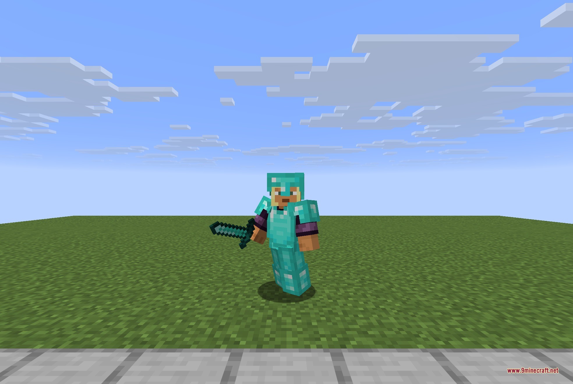 Fresh Animations Player Extension 9minecraft Resource Pack Screenshot 6 Player in diamond armor with an expressive face holding a sharp sword