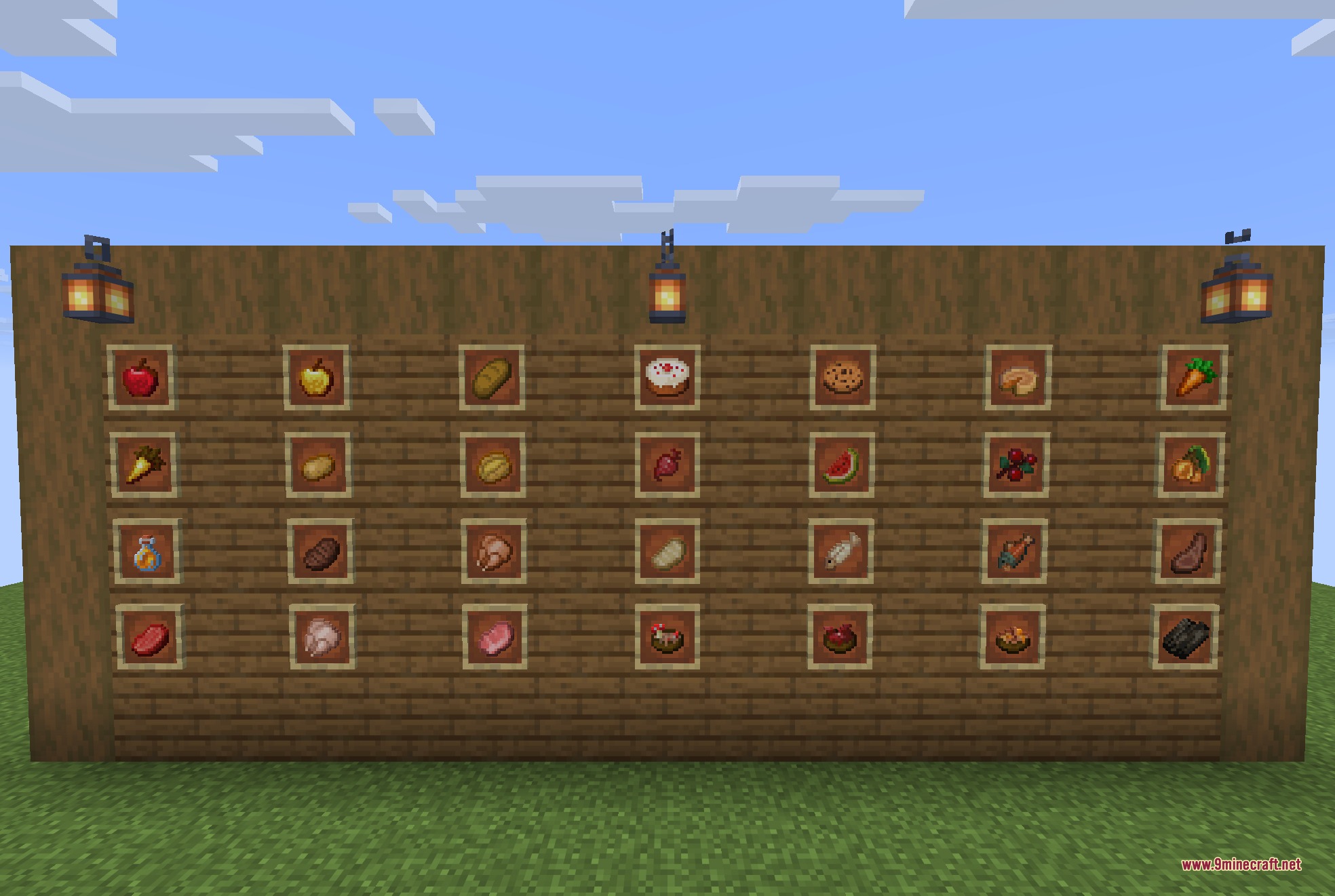 A wooden wall displaying many different types of retextured Minecraft food items