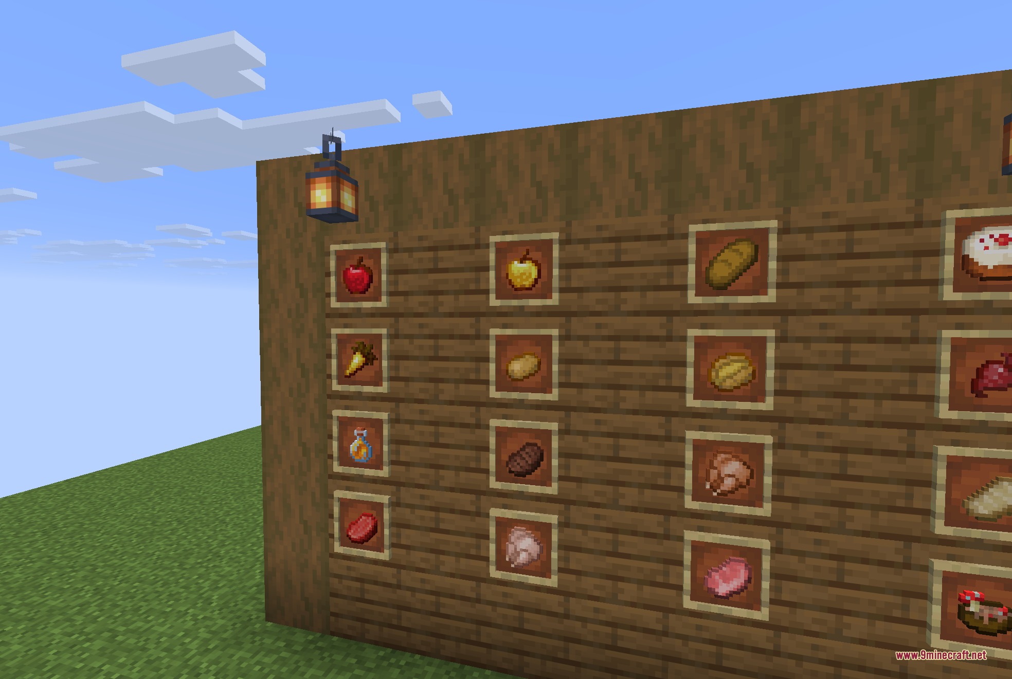 Close up view of detailed food items displayed in wooden item frames