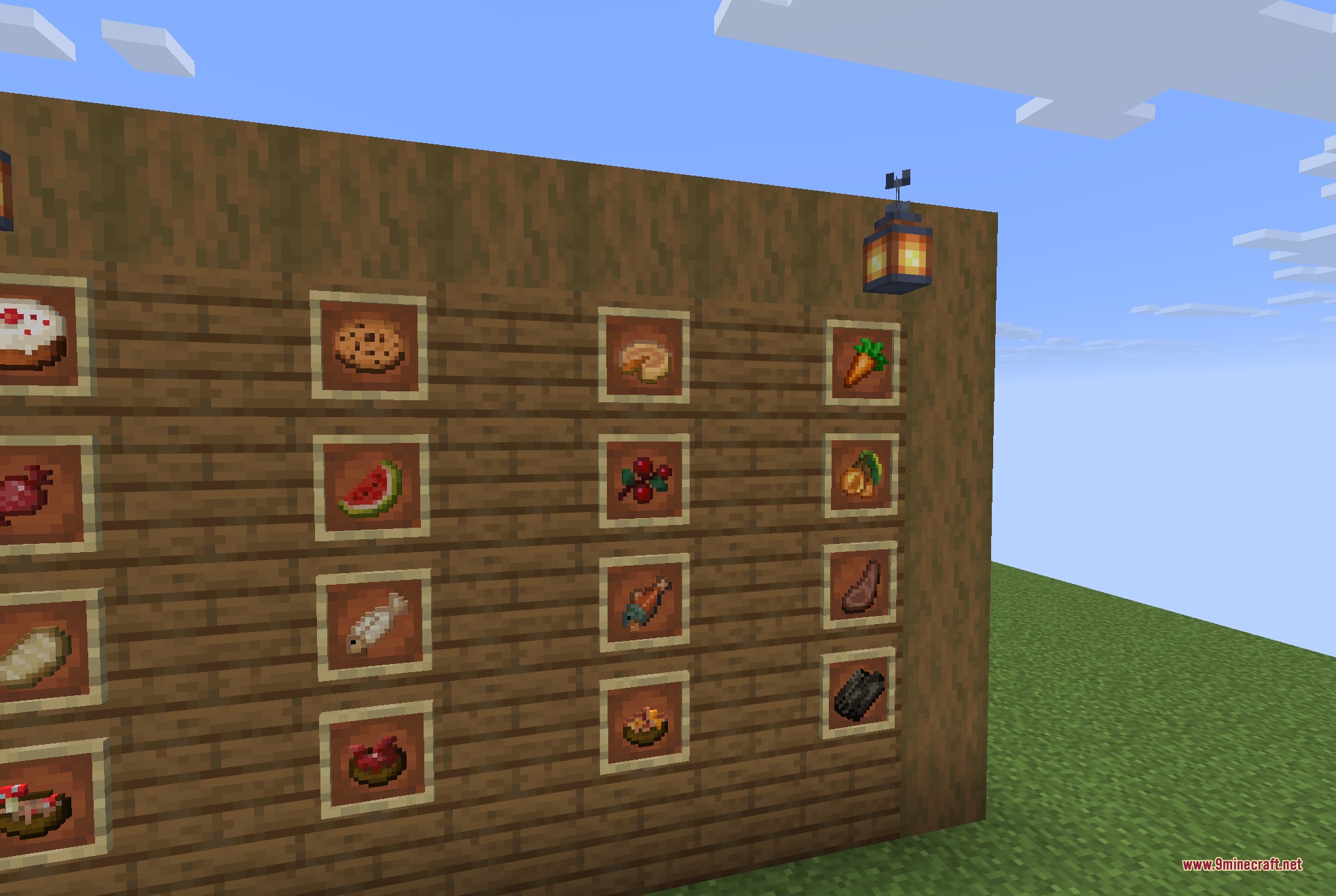 Various food items from Fresh Food pack displayed in item frames on wood