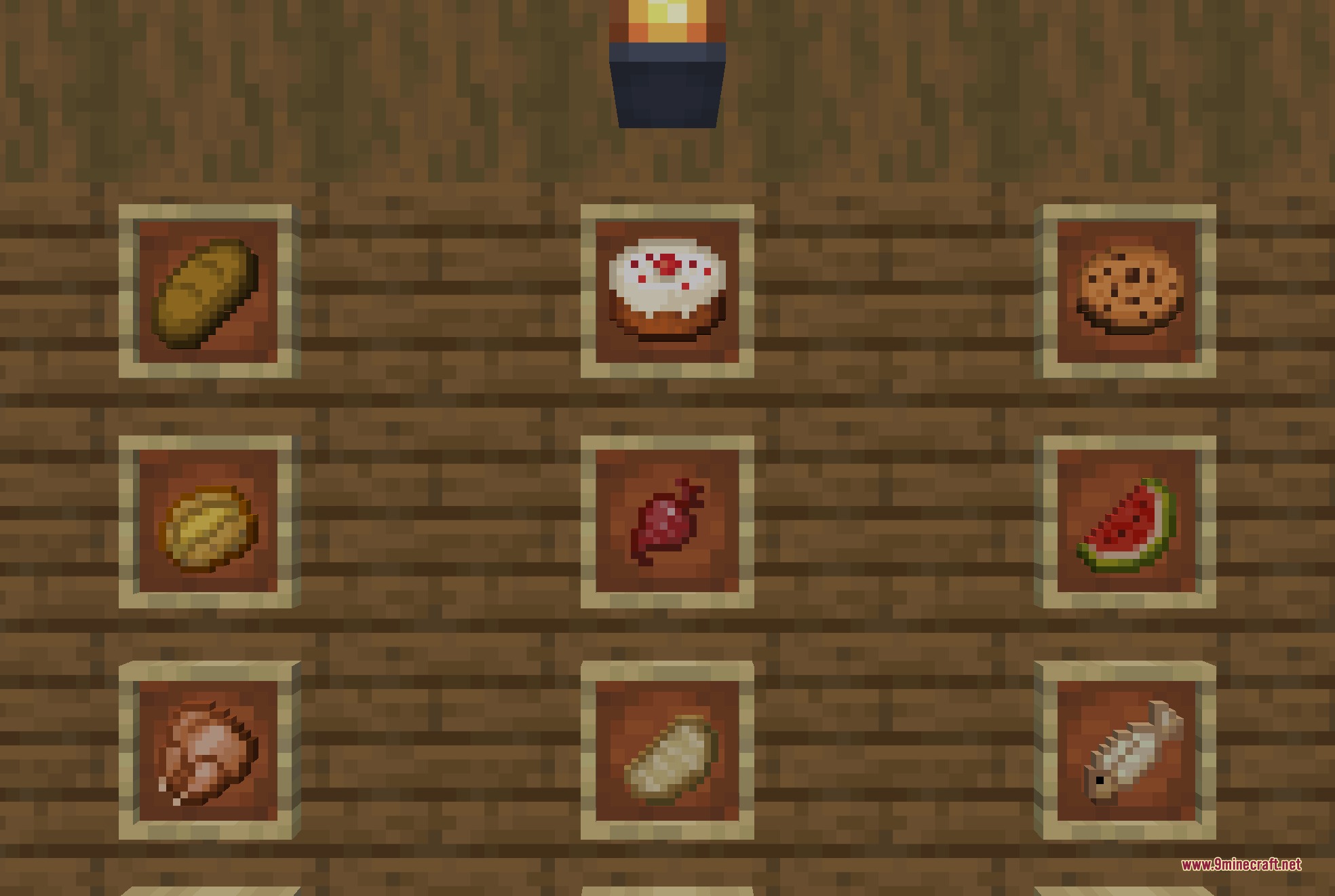 Detailed food items like cake and bread displayed in item frames on wood