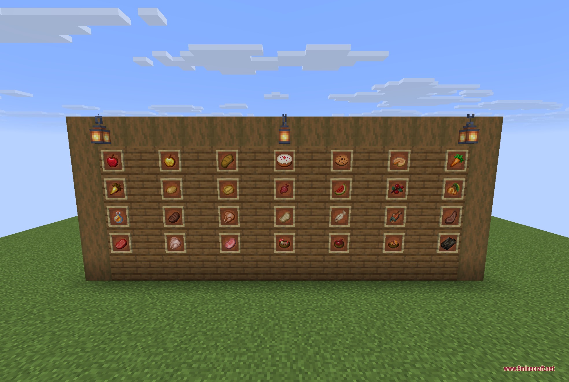 A wooden wall showcasing various food items in item frames