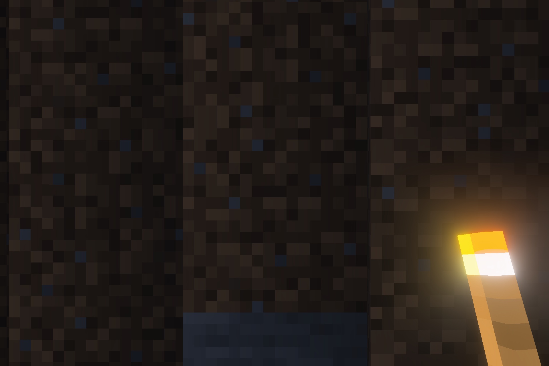 A glowing torch illuminates a dark wall next to a pool of water